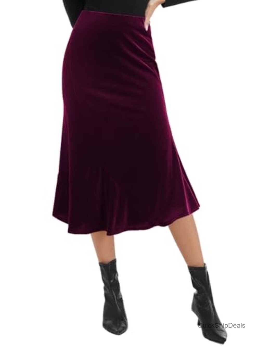 Velvet Midi Skirt High Waist Asymmetric Mermaid Hem Fall Winter
